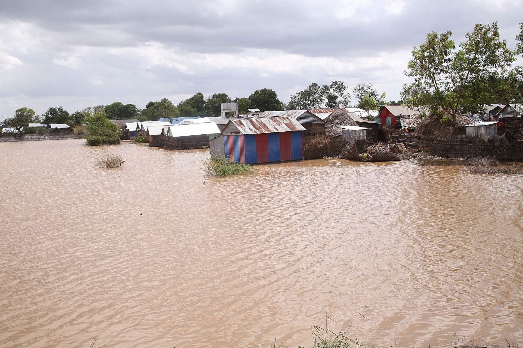 Homes standing in brown flood water after the Shabelle burst its banks near Jowhar